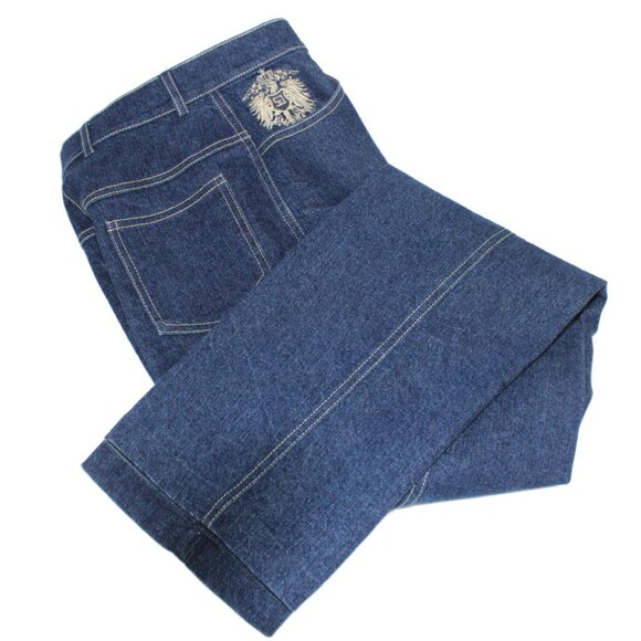 St John Indigo Blue Yellow Accent Stitch High Rise Logo Denim Jeans , Size 2 - Picture 7 of 9